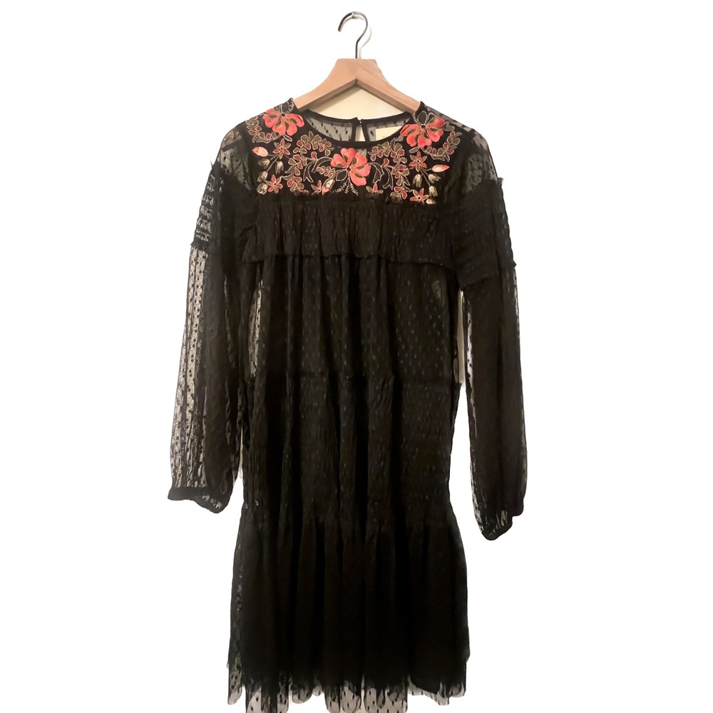 Maeve Anthropologie Black Embroidered Mesh Tiered Mini Dress Whimsy Goth Medium
